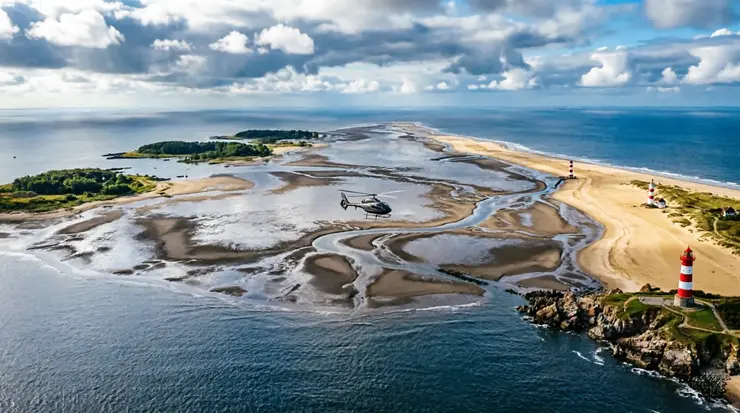 Hubschrauberflug über die Nordseeküste mit Wattlandschaft und Inseln